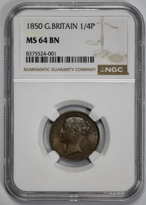 1850 Great Britain 1/4P Farthing NGC MS 64 BN - Image 1 of 4