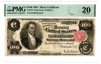 Fr. 343 1891 Silver Certificate Note Rosecrans / Nebeker PMG Very Fine 20 - Image 1 of 2