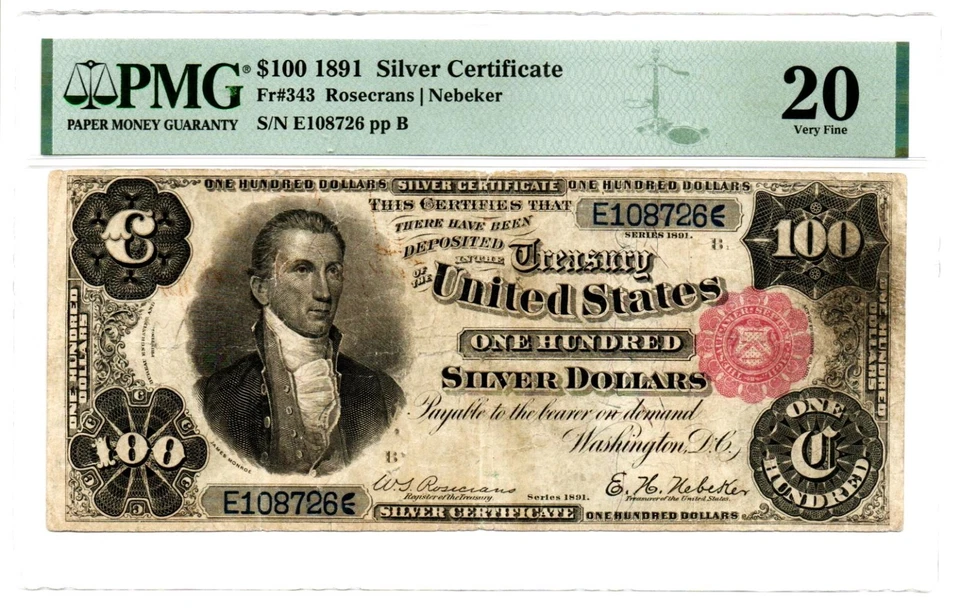 Fr. 343 1891 Silver Certificate Note Rosecrans / Nebeker PMG Very Fine 20 - Image 1 of 2