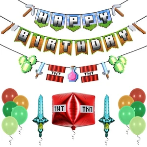 Pixel Birthday Decorations - Gaming Themed Happy Birthday Banner with TNT and... - Picture 1 of 7