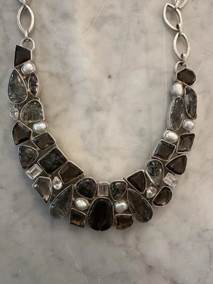 Ожерелье из стерлингового серебра 925 пробы с турмалинованным дымчатым прозрачным кварцевым жемчугом - Изображение 1 из 4