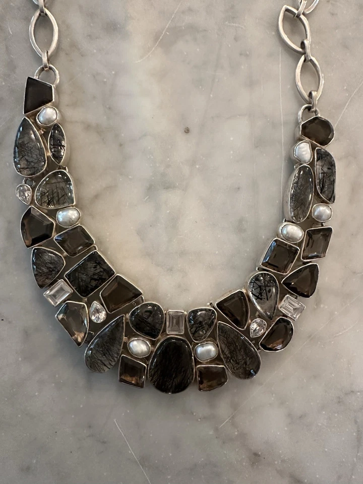 Mega Collar de Plata de Ley 925 Gemas Turmalinizado Perla de Cuarzo Transparente Ahumado Foto 1 de 4