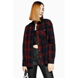 TOPSHOP Corduroy Shirt Checked Plaid Print Button Down Dark Wash SZ US 6 NEW - Picture 1 of 6