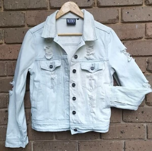 Nana Judy Icy Blue Wash Distressed Button Front Denim Biker Jacket Casual Size S - Picture 1 of 11