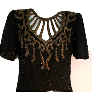 Lawrence Kazar Dress Vintage Pure Silk Black and Gold Beaded Size Small - Picture 1 of 7