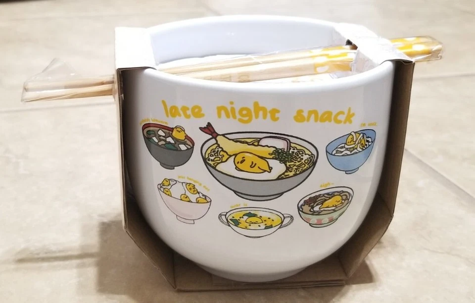  Sanrio GUDETAMA LAZY EGG Ceramic RAMEN NOODLE BOWL & CHOPSTICKS 16oz 