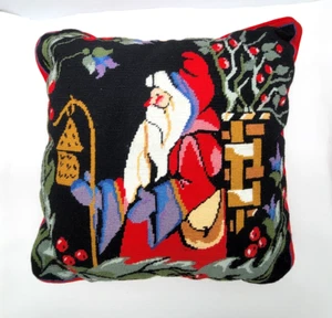 VTG Wool Needlepoint PETIT POINT Christmas Pillow Old World Santa Velvet 13" - Picture 1 of 3