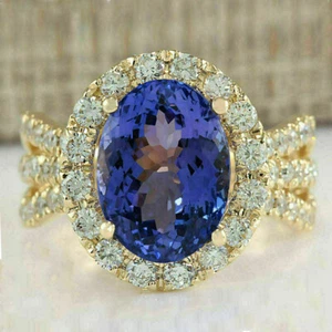 3.80 Ct Oval Blue Sapphire Split Shank Halo Wedding Ring 14K Yellow Gold Finish - Picture 1 of 7
