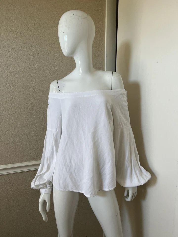 Blusa Campesina FLOREAT ANTHROPOLOGIE Blanco Brillante Lino Hombro Descubierto Talla EE. UU. 8 Foto 1 de 4