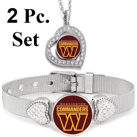 2PcSet Washington Commanders Womens Sterling Silver Necklace With Bracelet Cover