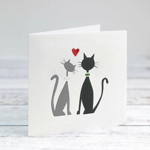 Valentines Day Card Cat Couple with Red Love Heart Handmade Can Be Personalised. - Picture 1 of 6