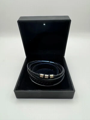 Lederarmband Schwarz 21cm mehrreihig geflochten – Magnetverschluss Edelstahl - Bild 1 von 4