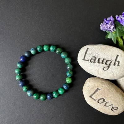 Pulsera elástica de piedras preciosas de malaquita de azurita natural de 8 mm Foto 1 de 4