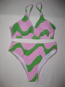 Shein girls 10yrs 2pc bikini swimsuit wave stripe print pink & green nip tween - Picture 1 of 2