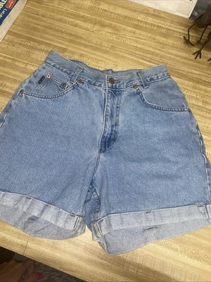 Pantalones cortos de mezclilla vintage elegantes para mujer pequeños tiro alto 100 % algodón azul jean con puños Foto 1 de 4