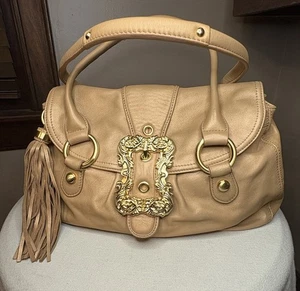 VINTAGE B Makowsky Tan 100% Leather Floral Interior Shoulder Bag Y2K EUC Buckle - Picture 1 of 18