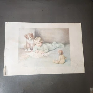Vintage Bessie Pease Gutmann Asking For Trouble Art Print Child Dog Signed 1930s - Picture 1 of 8