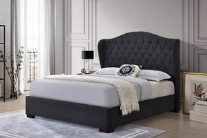 Platform Bed Frame: Curved Wing Back Tufted W/ Chunky Legs, Dark Gray, FULL Size - Picture 1 of 3