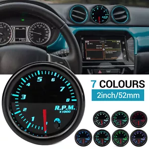 Universal 2" 52mm 7 Color LED Tachometer Tacho Gauge Meter 12V 0-8000 RPM - Picture 1 of 9