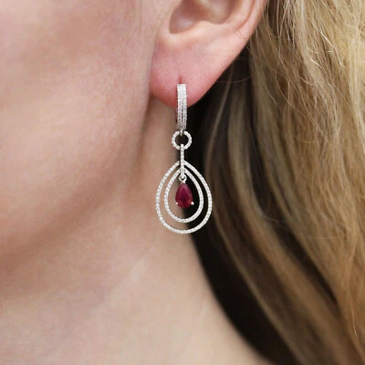 3 ct Natural Red Pear Ruby & Diamond Solid 14k White Gold Dangle Earrings 42 mm - Image 1 of 2