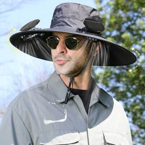 Outdoor Wide Brim Sun Hat 2 Solar Fan UV Protection Hiking Camping Fishing B - Picture 1 of 10