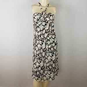 Vestido Ann Taylor seda marrón y blanco floral estilo halter imperio cintura talla 0 - Imagen 1 de 10