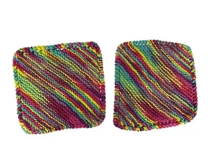 Handmade Knit Cotton Dishcloths Set Of 2 Multicolor Stripes Eco-Friendly 555 - Picture 1 of 3