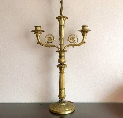 Possibly Claude Galle? Antique French Empire Gilt Bronze Candelabrum Table Lamp - Image 1 of 4
