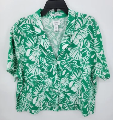 Nicole Miller Top Womens XL Green White Leaf Print Linen Flax Short Sleeve - Image 1 of 4