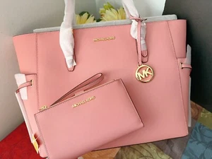 MICHAEL KORS GILLY LARGE LEATHER TRAVEL TOTE BAG + WALLET SET IN PRIMROSE NWT - Picture 1 of 7