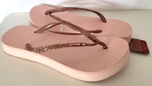NEW HAVAIANAS FLATFORM BALLET ROSE GLITTER FLIP FLOPS SANDALS SIZE 11/12  - Picture 1 of 6
