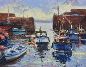 Richard Blowey Original Oil Painting Fishing Boats Mousehole Cornwall Seascape - Picture 1 of 2