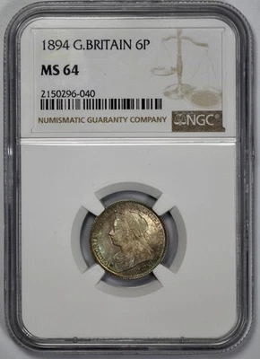 1894 Grã-Bretanha prata 6p Sixpence NGC MS 64 tonificação verde azul - Imagem 1 de 4