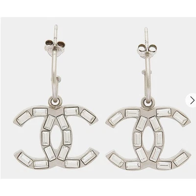 Chanel Baguette Stone Logo Silver Earrings Boucles Oreille Crystal  - Image 1 of 4