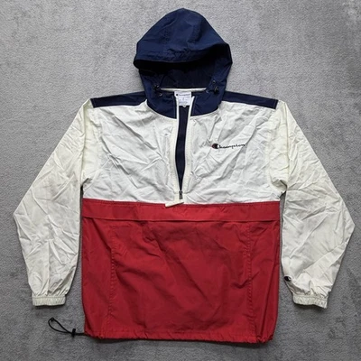 Champion Anorak Windbreaker Jacket Mens Medium Navy Red White Hooded 1/4 Zip - Image 1 of 4