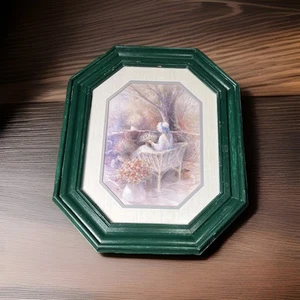 Vintage Home Interiors Lady W/Bonnet In Wicker Chair Flowers Green Frame - Picture 1 of 7