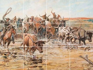 longhorns Trail Drive pionieri western cowboy piastrelle di ceramica backsplash da parete - Foto 1 di 8