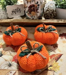 Knit Pumpkins Cinnamon Stem Crochet Leaves Set of 3. Handmade in USA. Fall - Picture 1 of 1