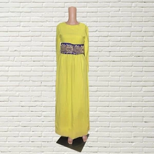 Vintage 70s Oscar De La Renta Gown Yellow Long Sleeve Purple Embroidered Belt - Picture 1 of 9
