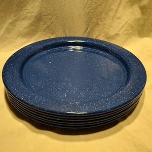 Vintage Enamelware Dinner Plates Blue Speckled Camping Set Of 6 - Picture 1 of 11