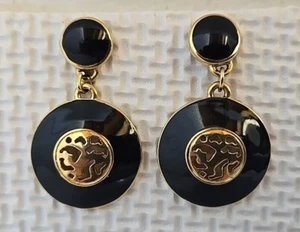 Vintage Edgar Berebi Earrings Black Enamel Gold Tone Dangle Pierced Ear - Picture 1 of 7