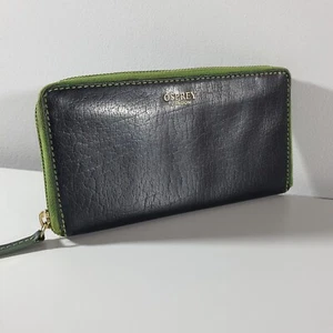 OSPREY Black Leather Purse Wallet Zip Around Logo Monogram Coin Notes Cards - Picture 1 of 21