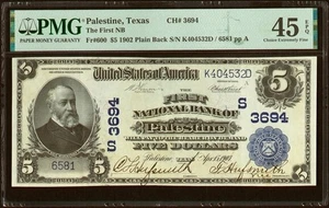 1902 $5 Palestine, TX Plain Back Fr. 600 The First National Bank Ch. - Picture 1 of 2