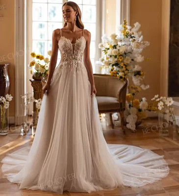 Sleeveless A-Line Wedding Dresses with Straps Appliques Backless Bride Gowns - Image 1 of 4