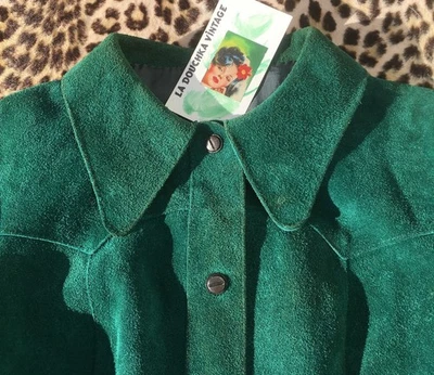 FRENCH 1960s BOHEMIAN WOMEN FITTED JACKET~GREEN LEATHER~CUSTOM MADE IN FRANCE~S - Image 1 of 4