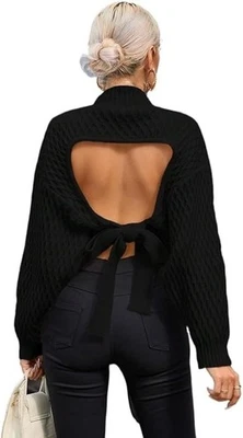 bebe Backless Black Ribbed Cropped Sweater Sz XSmall Oversized - Image 1 of 4