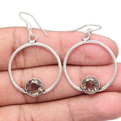 Smoky Quartz Gemstone Handmade Gift For Her Silver Jewelry Earrings 1.5'' — 第 1/4 张图片