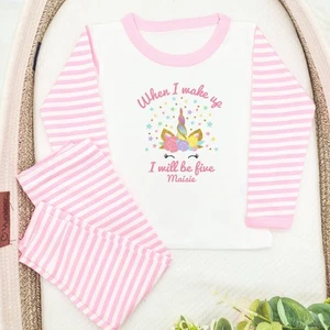Personalised Unicorn Pink Stripe Birthday Pyjamas - Picture 1 of 5
