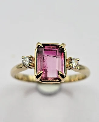 Natural Pink Tourmaline and diamond ring 14k solid yellow gold - Image 1 of 4