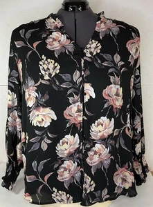 Maurices Shirt 3X Black Floral Chiffon Button Up Blouse Ruffle Neck Long Sleeve - Picture 1 of 8